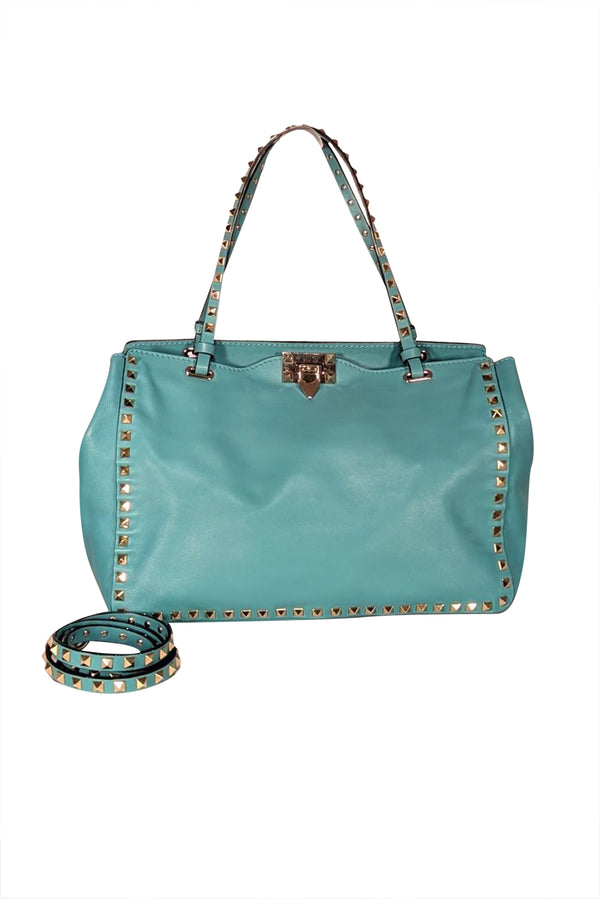 Valentino - Teal Green Leather Studded Trim Satchel Bag