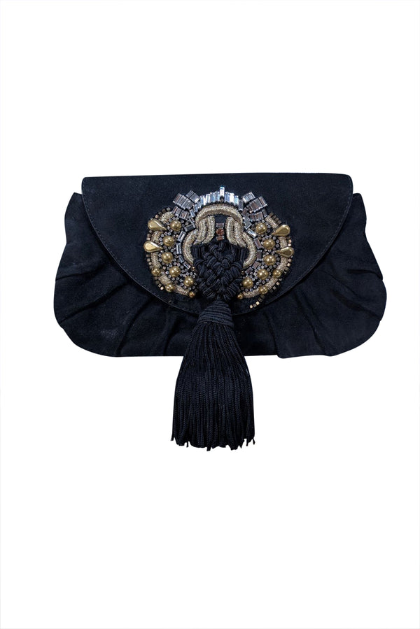 Gucci - Black Suede Gold & Silver Beading w/ Tassel Detail Vintage Clutch