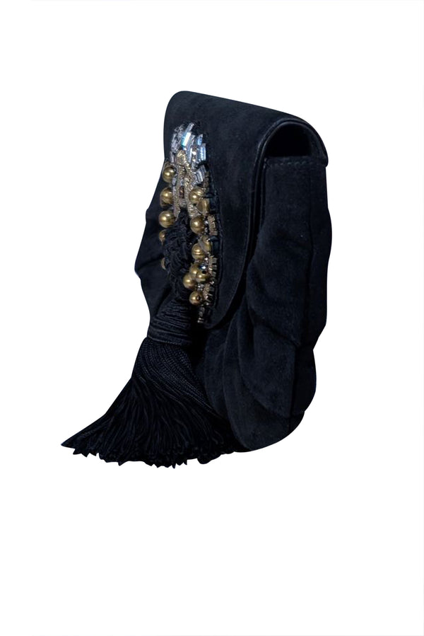 Gucci - Black Suede Gold & Silver Beading w/ Tassel Detail Vintage Clutch - Image 2