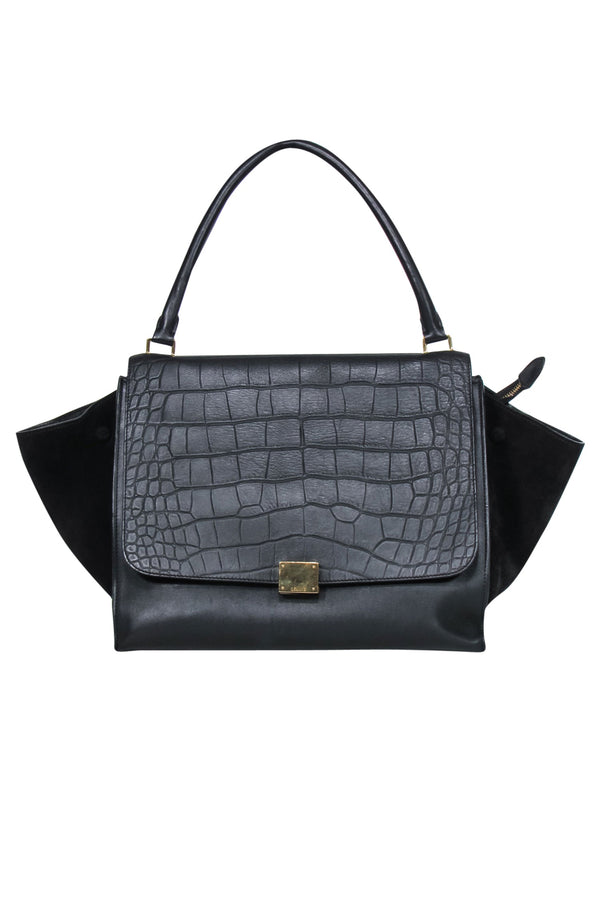 Celine - Black Leather Reptile Embossed Fold-Over Handbag