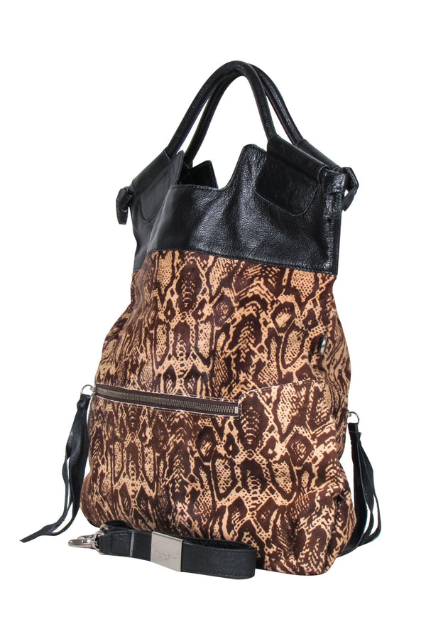 Foley & Corinna - Brown & Tan Snakeskin Print Calf Hair & Leather Hobo Bag - Image 2
