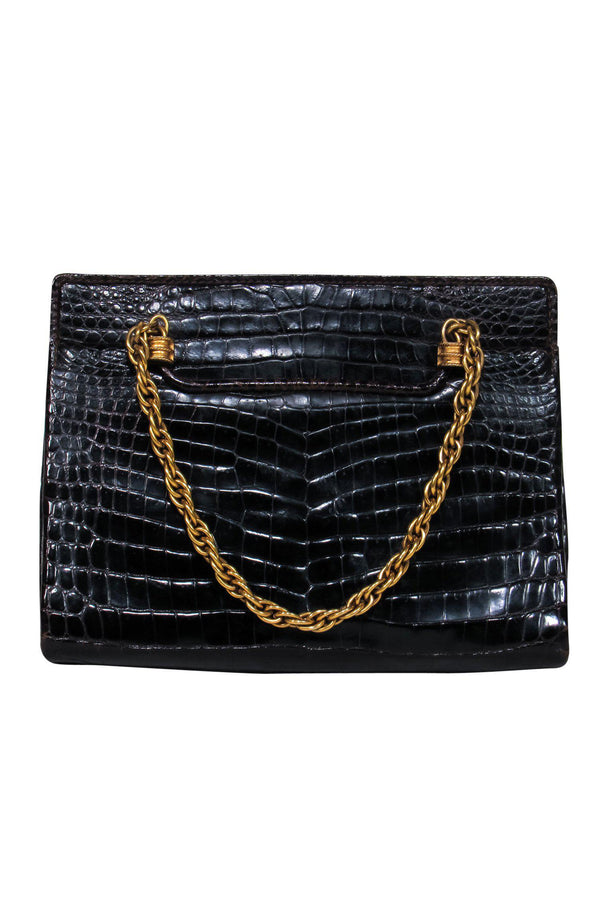 Gucci - Vintage Brown Reptile Textured Gold Chain Handbag w/ Coin Purse