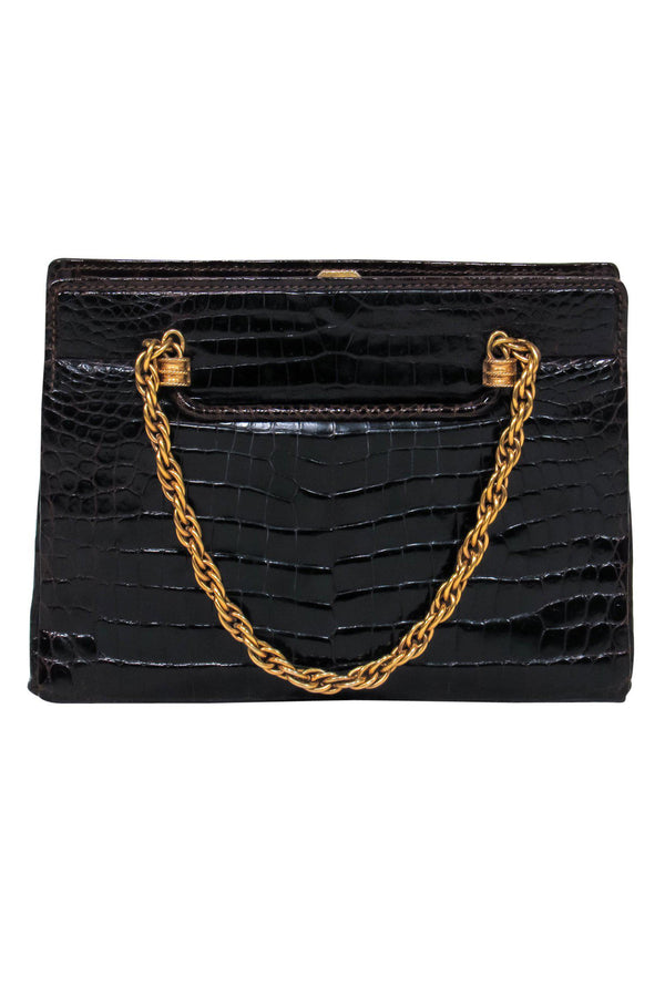 Gucci - Vintage Brown Reptile Textured Gold Chain Handbag w/ Coin Purse - Image 3