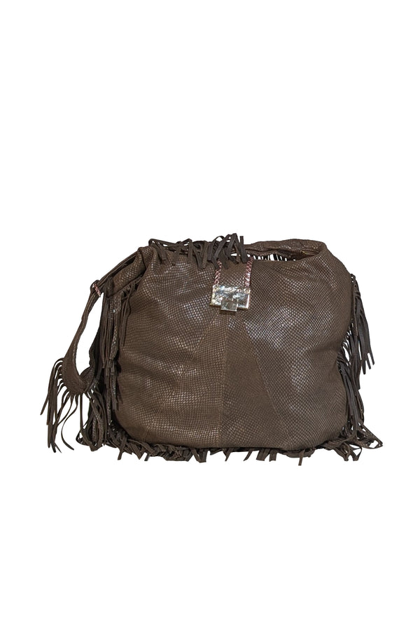 Jimmy Choo - Brown Embossed Fringe Trim Hobo Bag